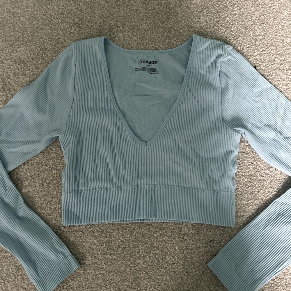Garage Women's Blue Ribbed V-Neck Top